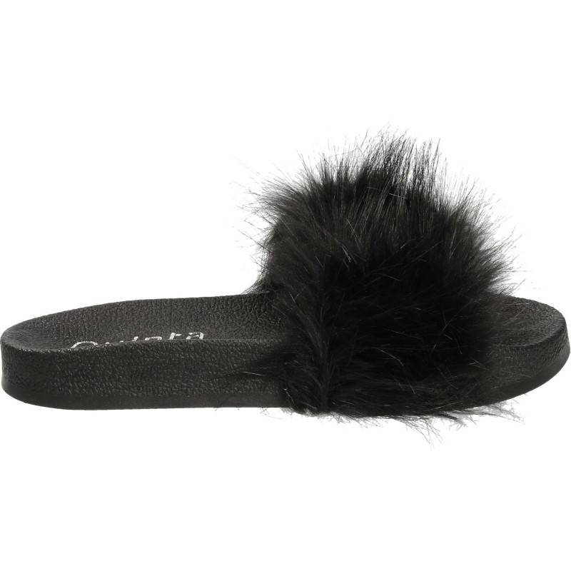 Slapi femei,trendy,cu puf,negru