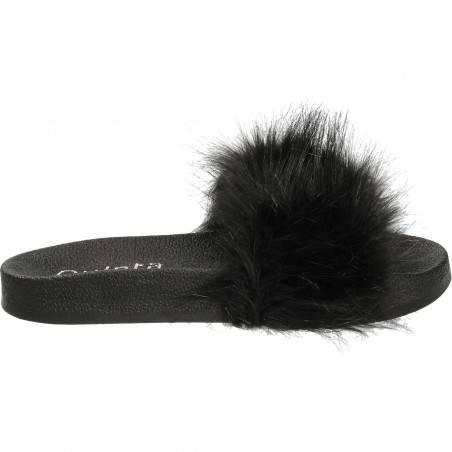Slapi femei, trendy, cu puf, negru