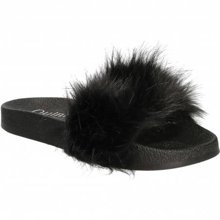 Slapi femei,trendy,cu puf,negru