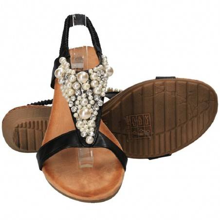 Sandale negre cu perle si pietre, marca Flyfor