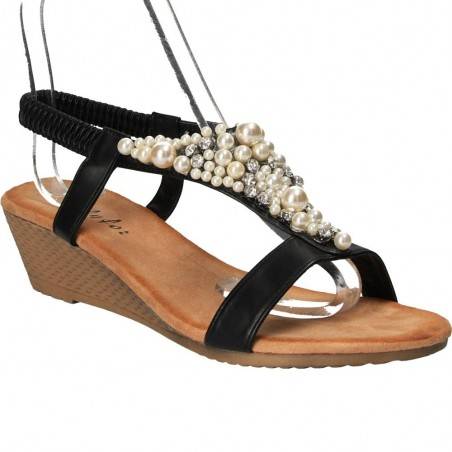 Sandale negre cu perle si pietre, marca Flyfor