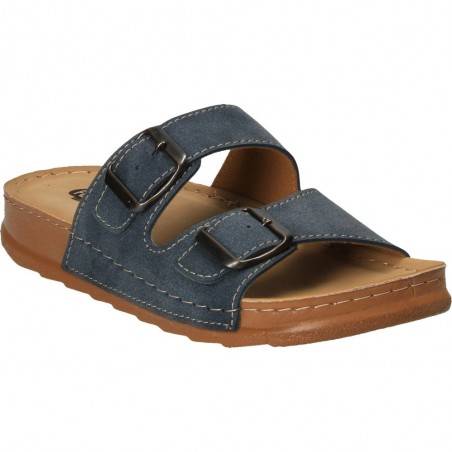 Saboti albastru jeans, cu doua catarame, pentru dama