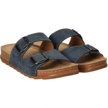 Saboti albastru jeans, cu doua catarame, pentru dama