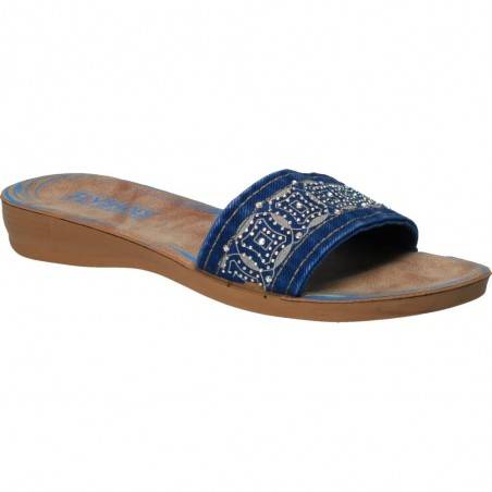 Papuci jeans cu strasuri, culoarea albastra