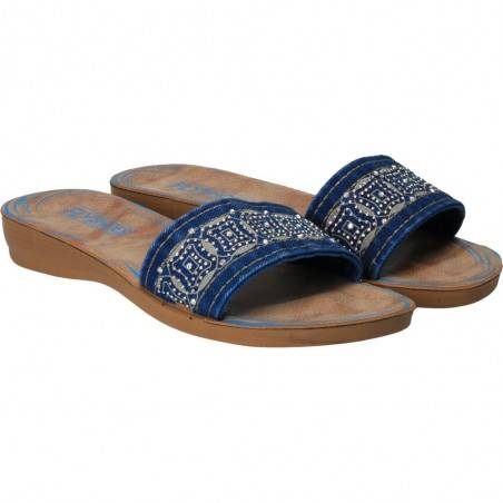 Papuci jeans cu strasuri, culoarea albastra