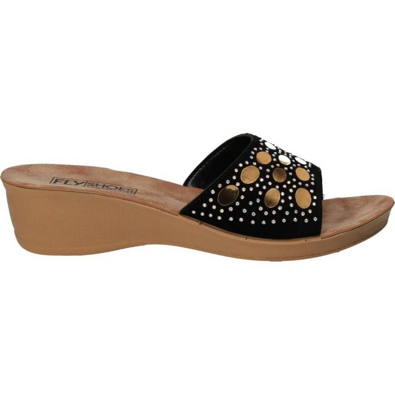 Saboti negri cu cercuri aurii, marca Fly Shoes Saboti negri cu cercuri aurii, marca Fly Shoes