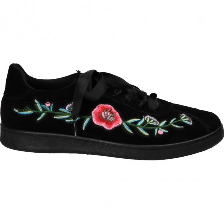 Pantofi negri florali cu siret din satin