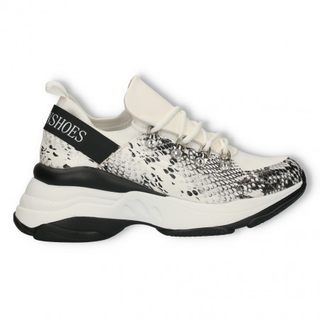 Pantofi casual cu talpa groasa, imprimeu sarpe, albi